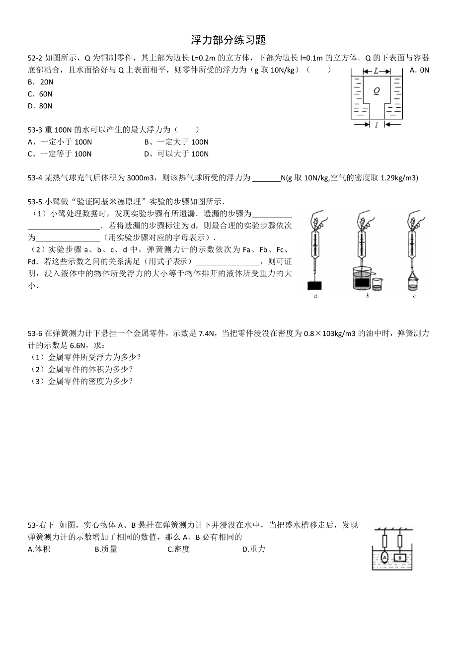 人教版八年级初二物理浮力经典习题含答案.doc_第1页