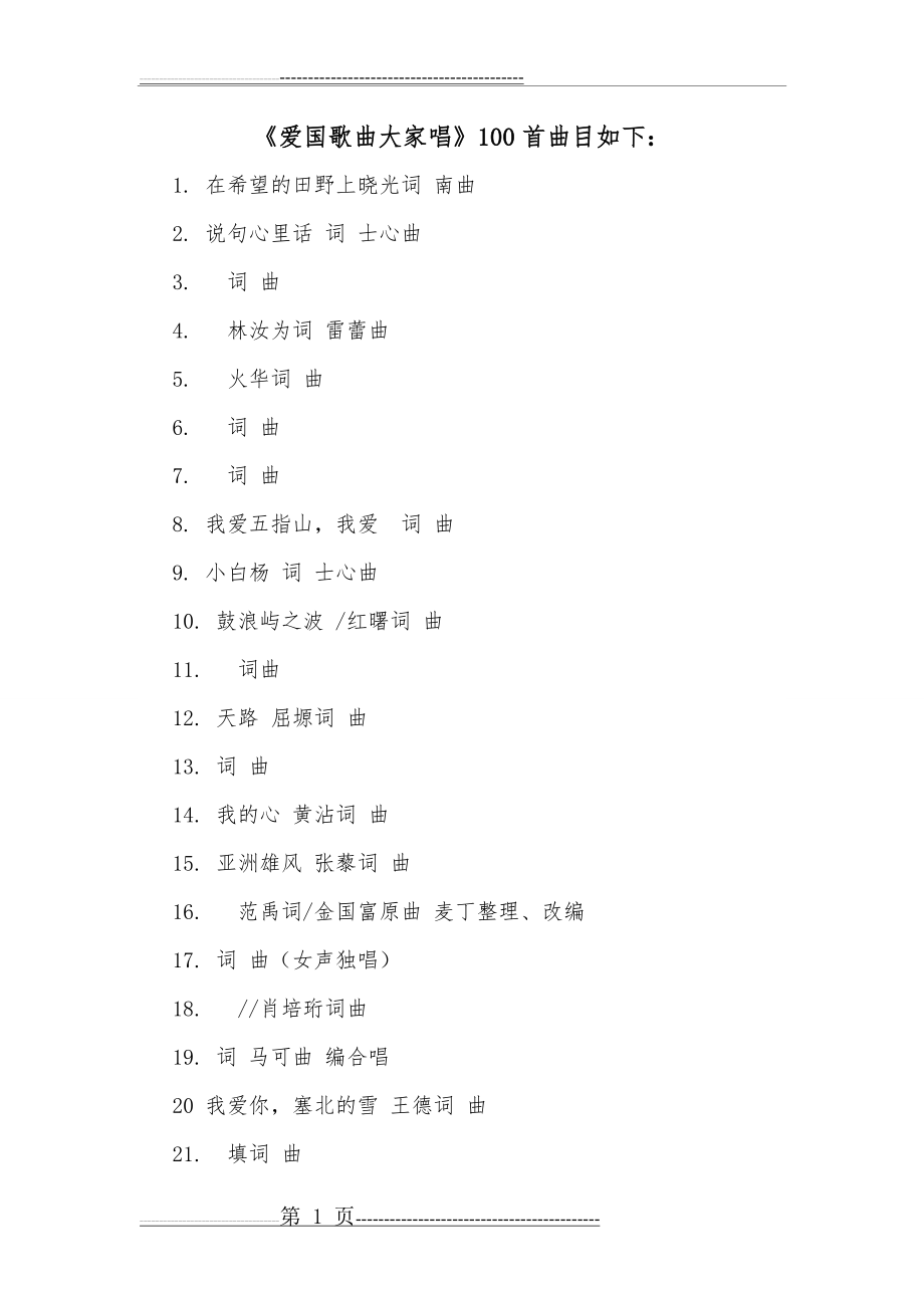 《爱国歌曲大家唱》100首曲目及唱响中国曲目(7页).doc_第1页