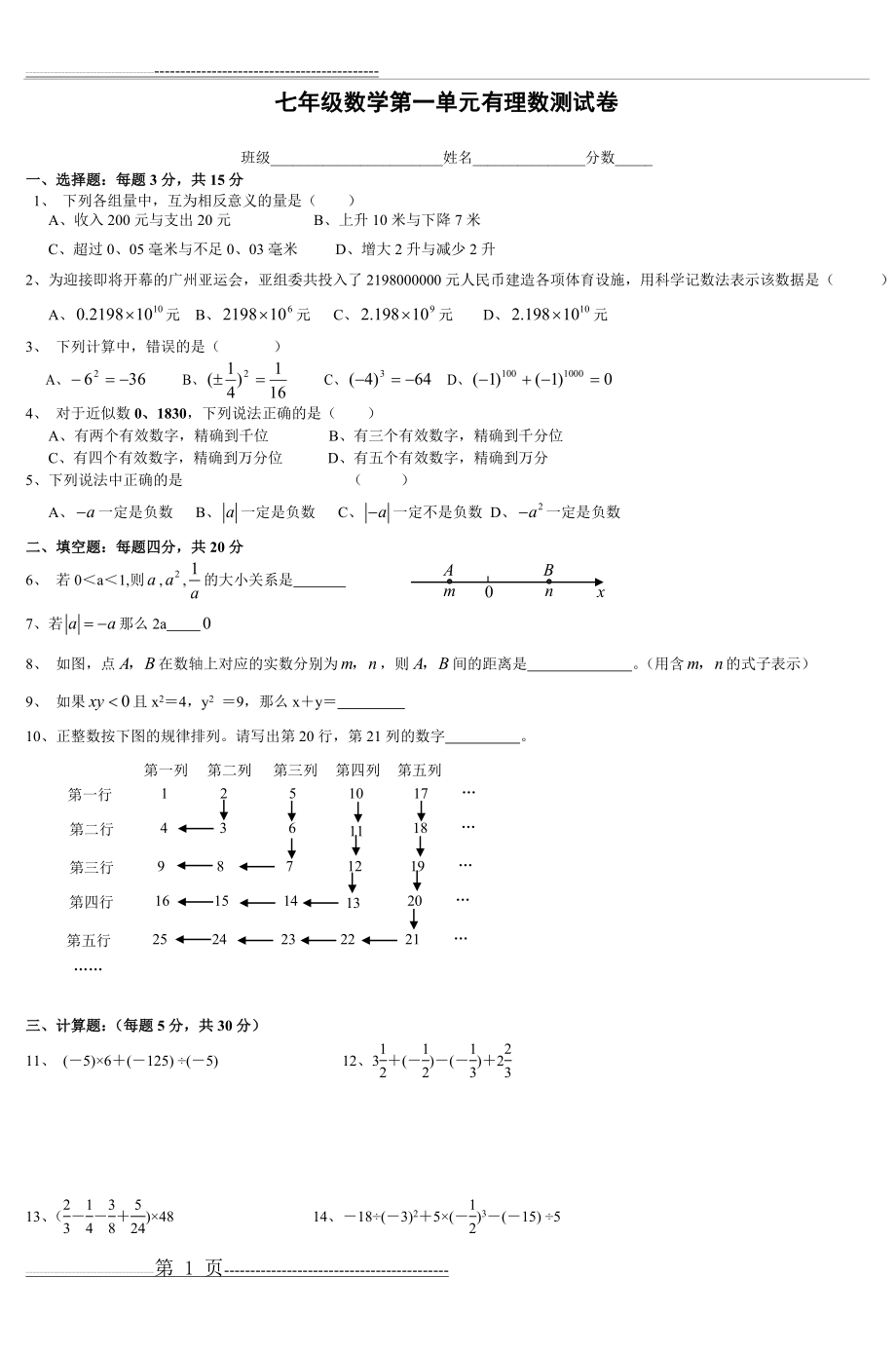 七年级数学第一单元有理数测试卷 (4)(4页).doc_第1页