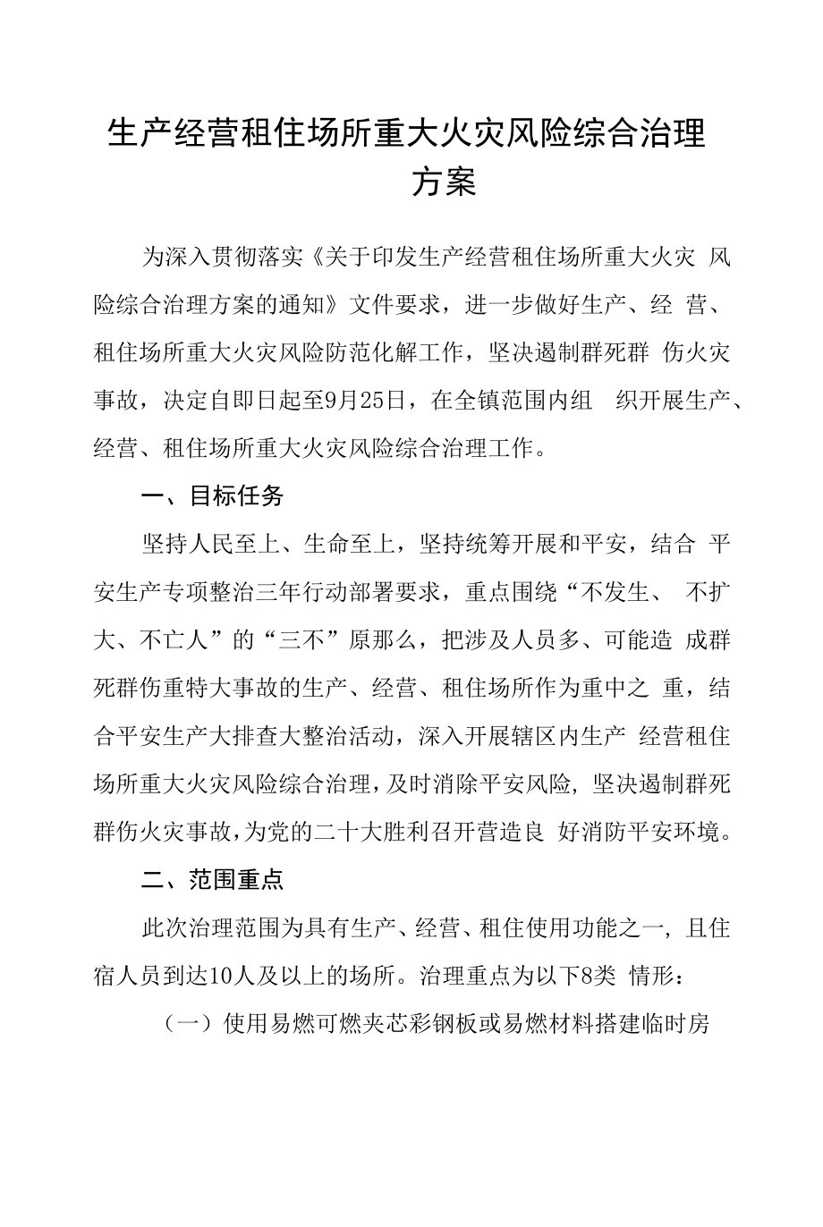 生产经营租住场所重大火灾风险综合治理方案.docx_第1页