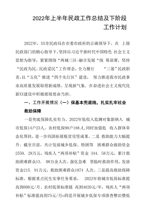 2022年上半年民政工作总结及下阶段工作计划.docx