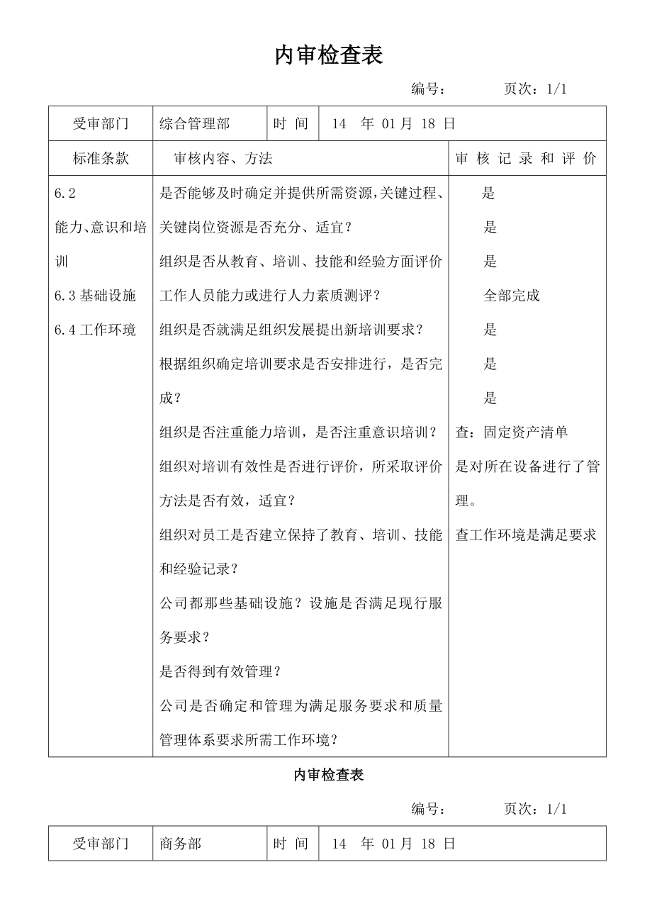 货运物流企业ISO质量管理表单内审检查表.doc_第1页