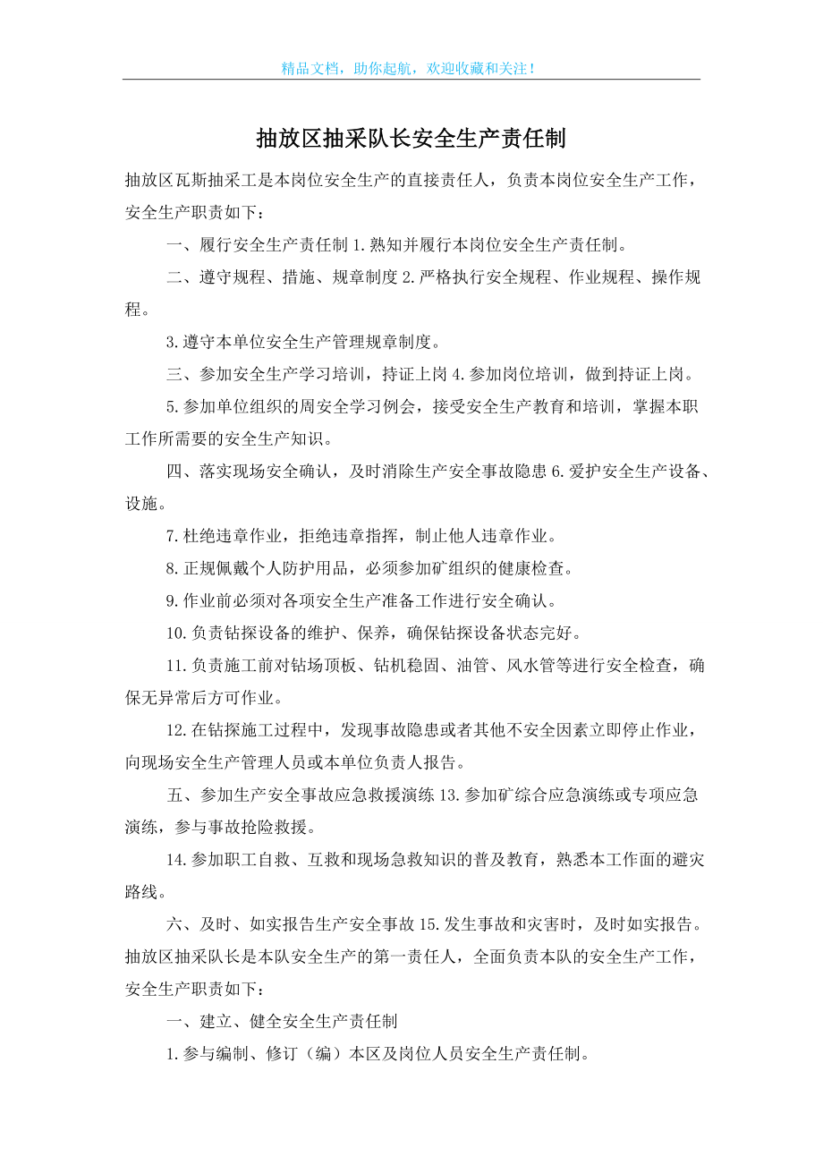 抽放区抽采队长安全生产责任制.doc_第1页