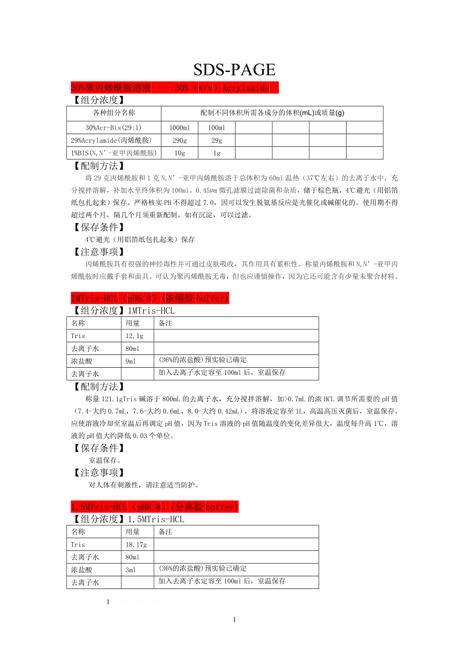 SDS-PAGE所有详细试剂配方.doc_第1页