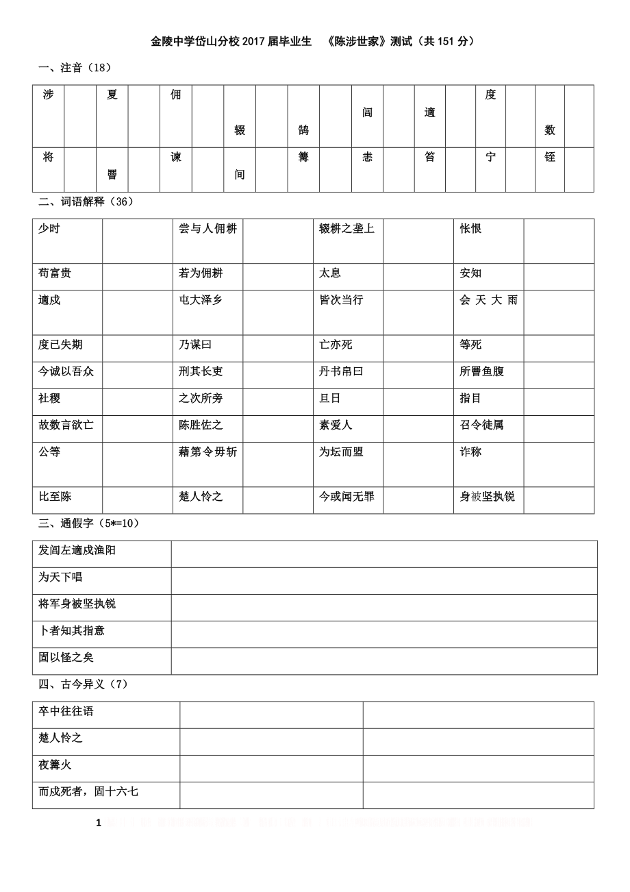 《陈涉世家》测试.doc_第1页