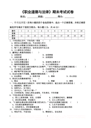 《职业道德与法律》期末考试试卷.doc