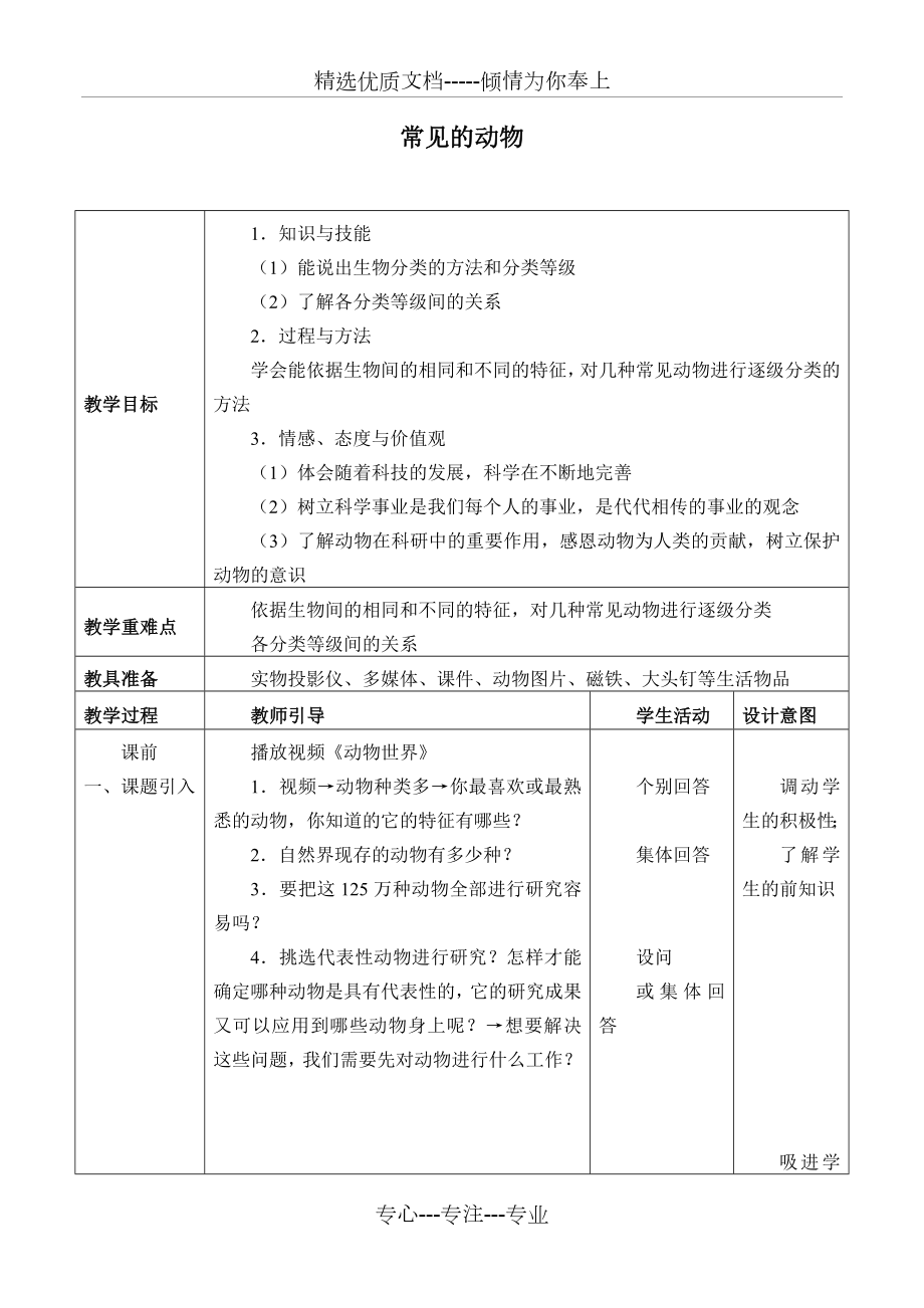 浙教版七年级科学上册：2.4-常见的动物--教案(共4页).doc_第1页