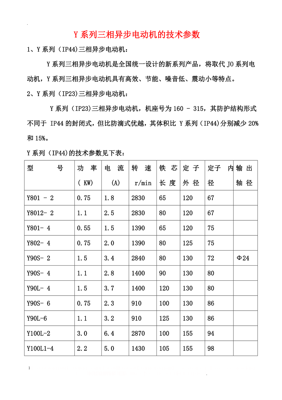 Y系列三相异步电动机的技术参数.doc_第1页