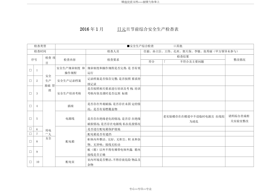 元旦节前综合安全生产检查表格(共5页).docx_第1页