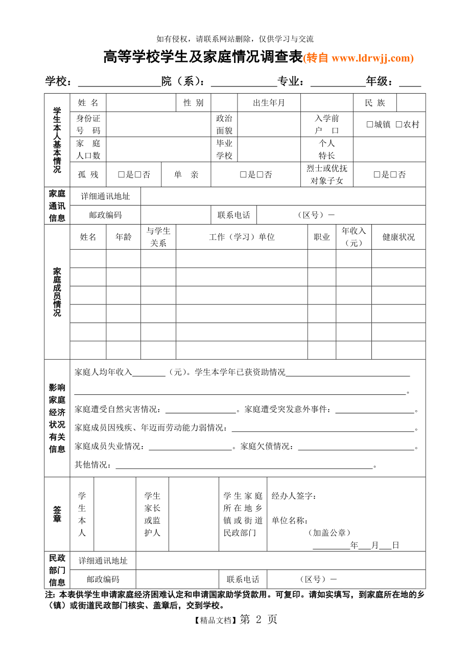 高等学校学生及家庭情况调查表 通用版.doc_第2页