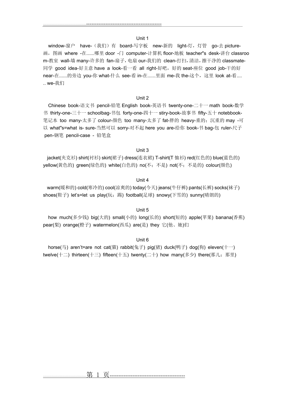 人教版小学四年级英语上册单词汇总表(全部)(1页).doc_第1页