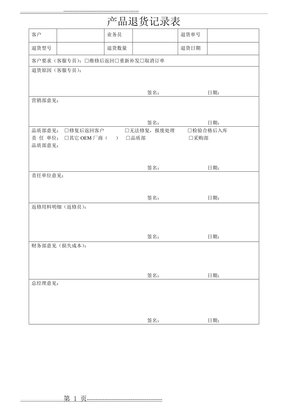 产品退货记录表(1页).doc_第1页