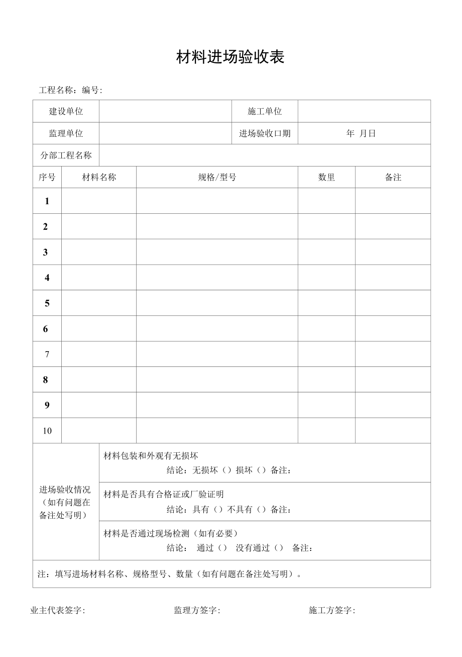 材料进场验收表(10项).docx_第1页