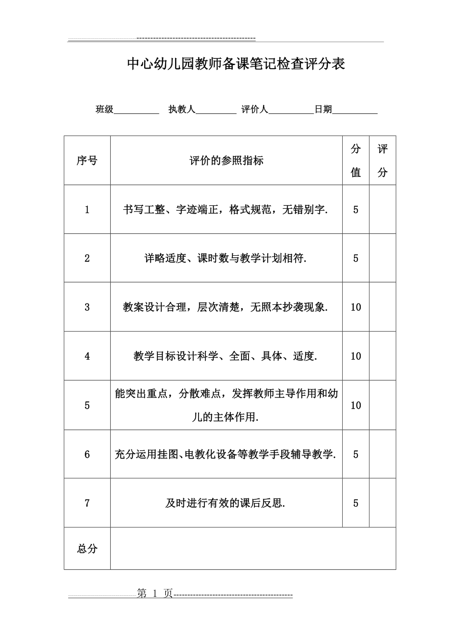 中心幼儿园教师备课笔记检查评分表(1页).doc_第1页