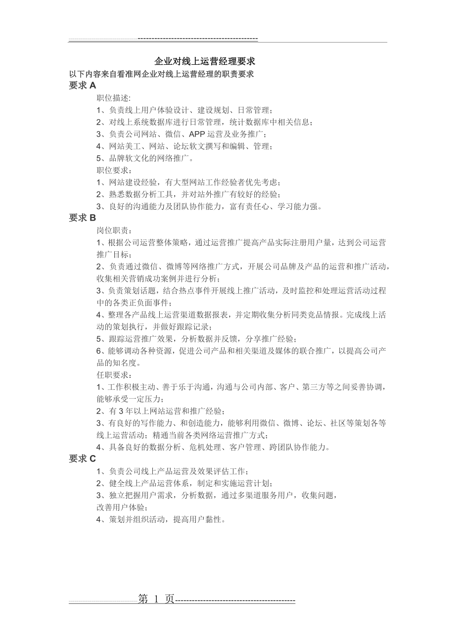 公司线上运营经理岗位职责(1页).doc_第1页