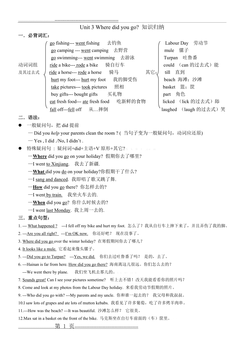 人教版六年级上Unit-3-Where-did-you-go-知识点归纳(2页).doc_第1页