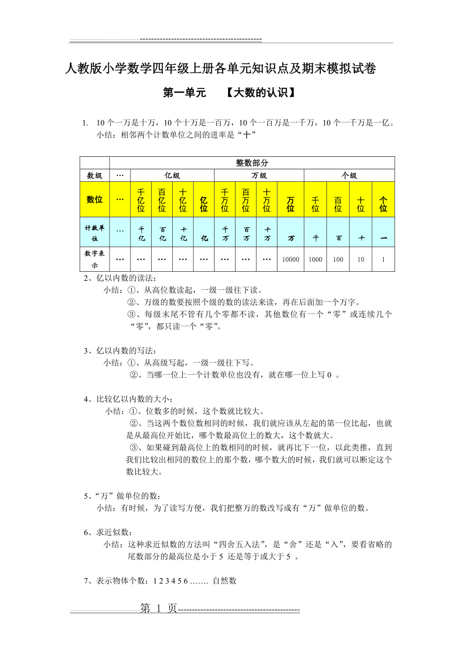 人教版小学数学四年级上册各单元知识点归纳(13页).doc_第1页