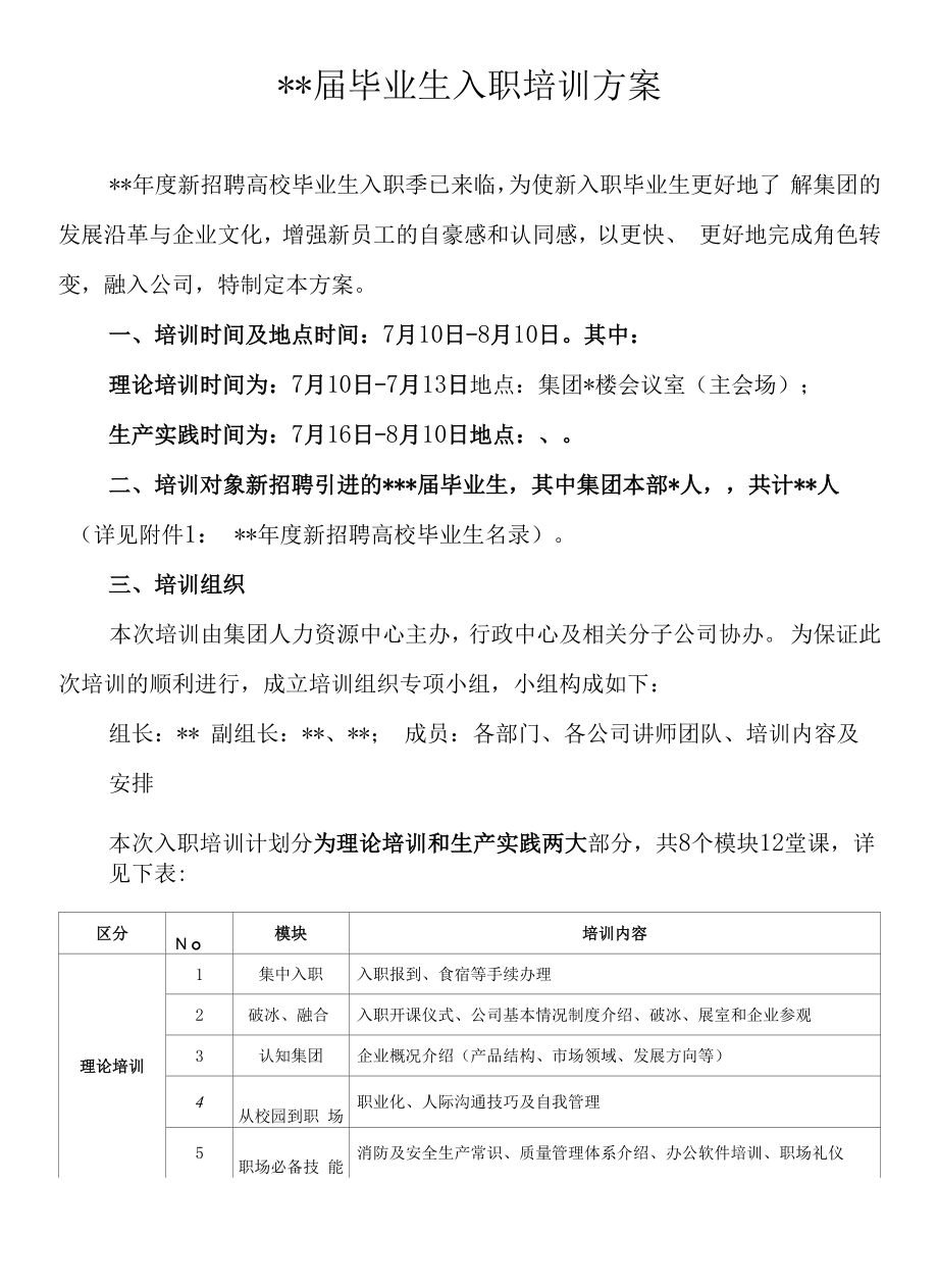 年度应届毕业生入职培训方案.docx_第1页