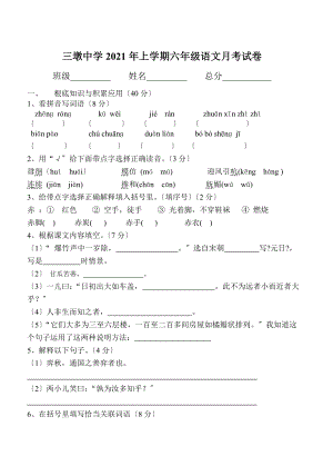 人教版六年级下册语文月考试卷.doc