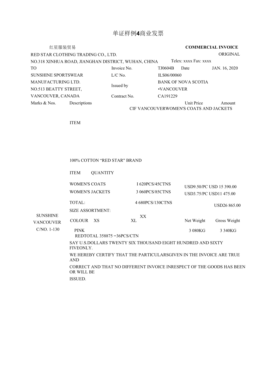 国际贸易单证实务 -已填制 单证样例4 商业发票.docx_第1页