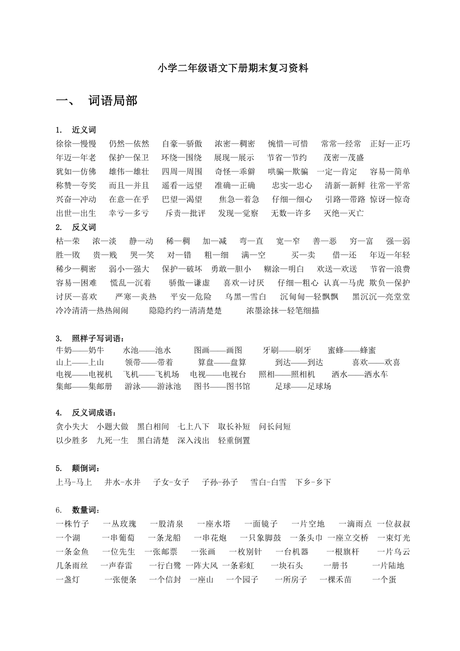 小学二年级下册语文期末复习要点汇总人教版.docx_第1页