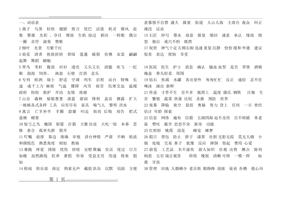 人教版三年级语文下册词语表、课后名句、读读背背(12页).doc_第1页