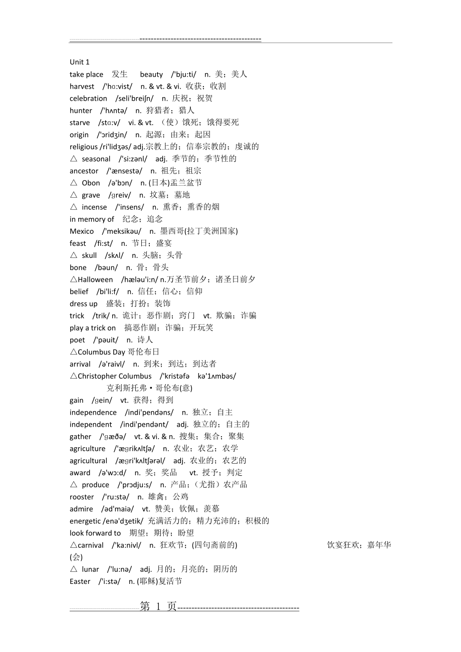 人教必修三U1-U5单词表(9页).doc_第1页