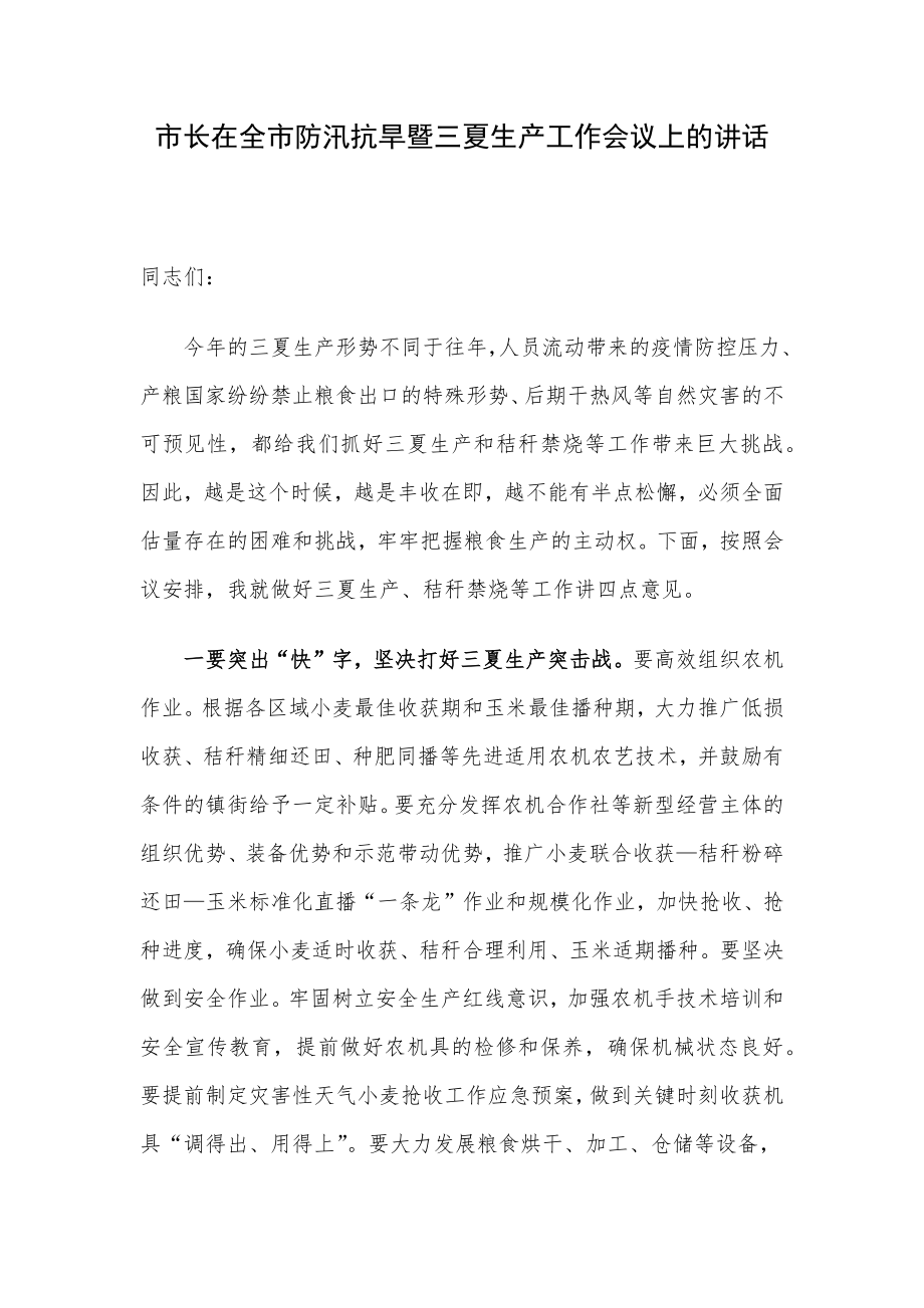 市长在全市防汛抗旱暨三夏生产工作会议上的讲话.docx_第1页