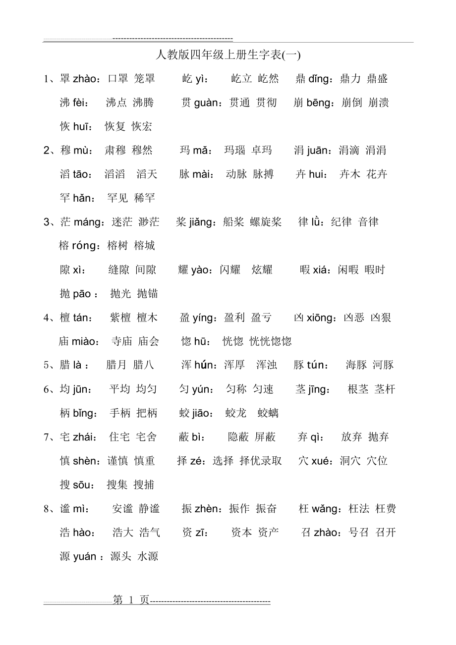 人教版四年级(上册)语文生字表(一)注音及组词(4页).doc_第1页