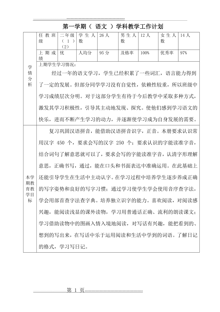 二年级语文学科教学工作计划(4页).doc_第1页