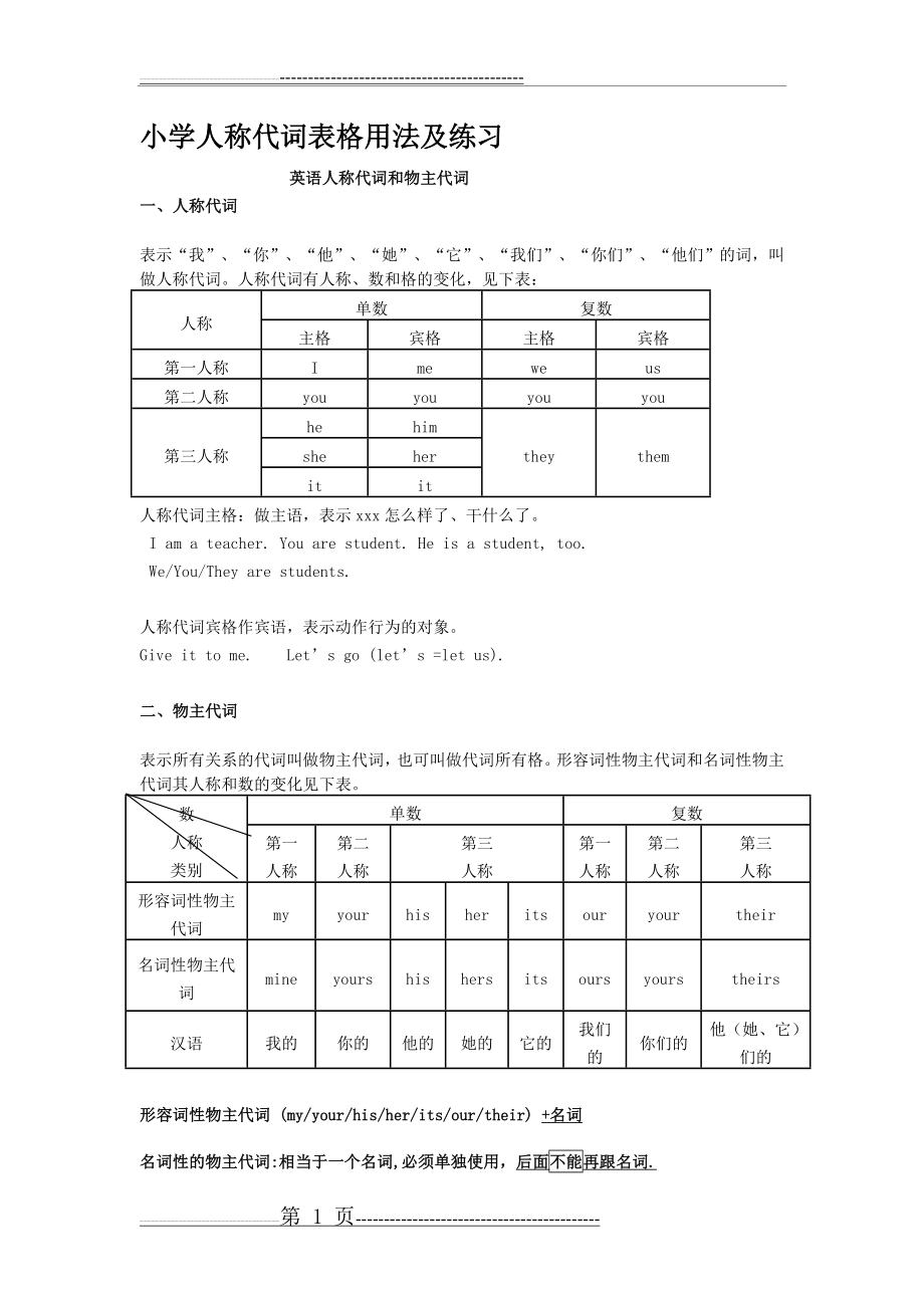 人称代词表格用法及练习(7页).doc_第1页