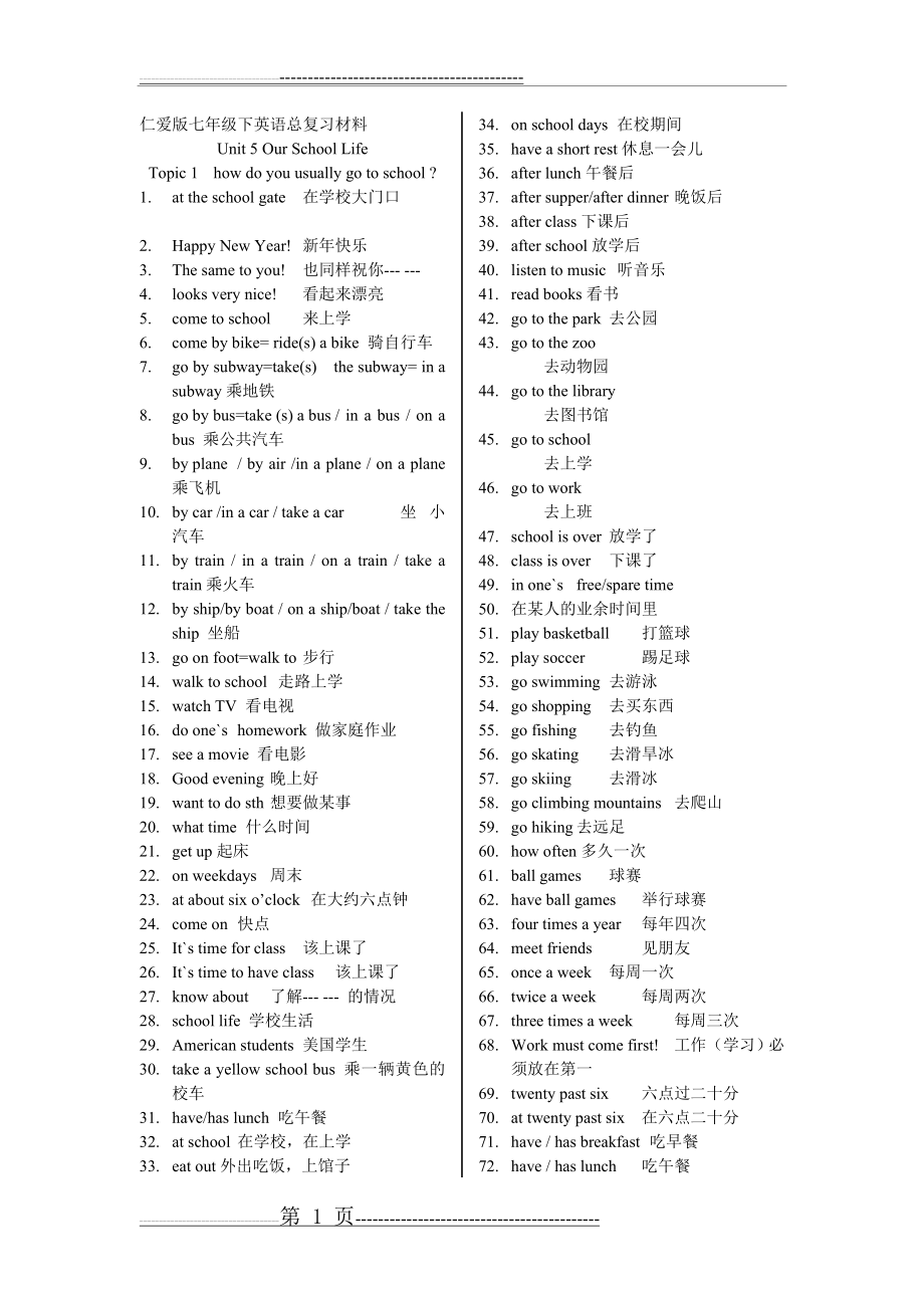 仁爱版七年级英语下册总复习重点短语和句型(12页).doc_第1页