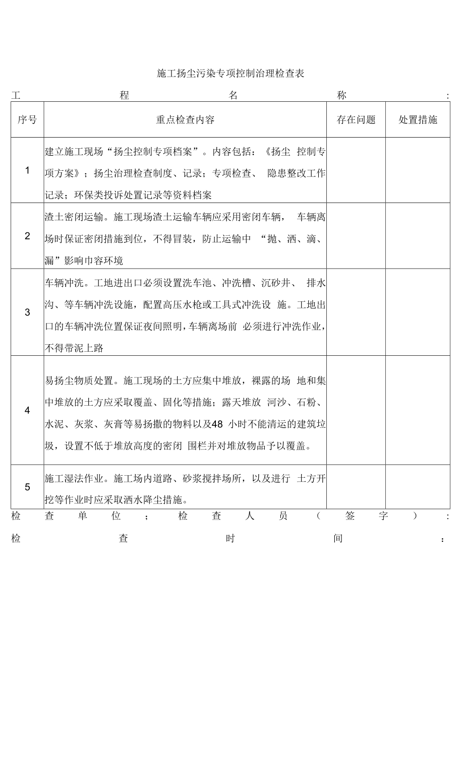 施工扬尘污染专项控制治理检查表.docx_第1页