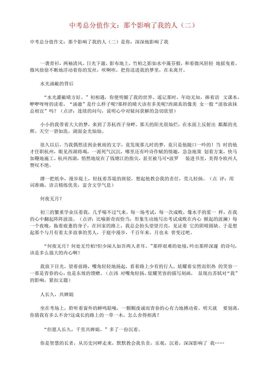 中考语文满分作文那个影响了我的人二.docx_第1页