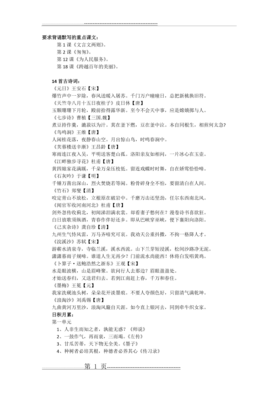 六下语文要求背诵的课文、古诗词和日积月累(2页).doc_第1页