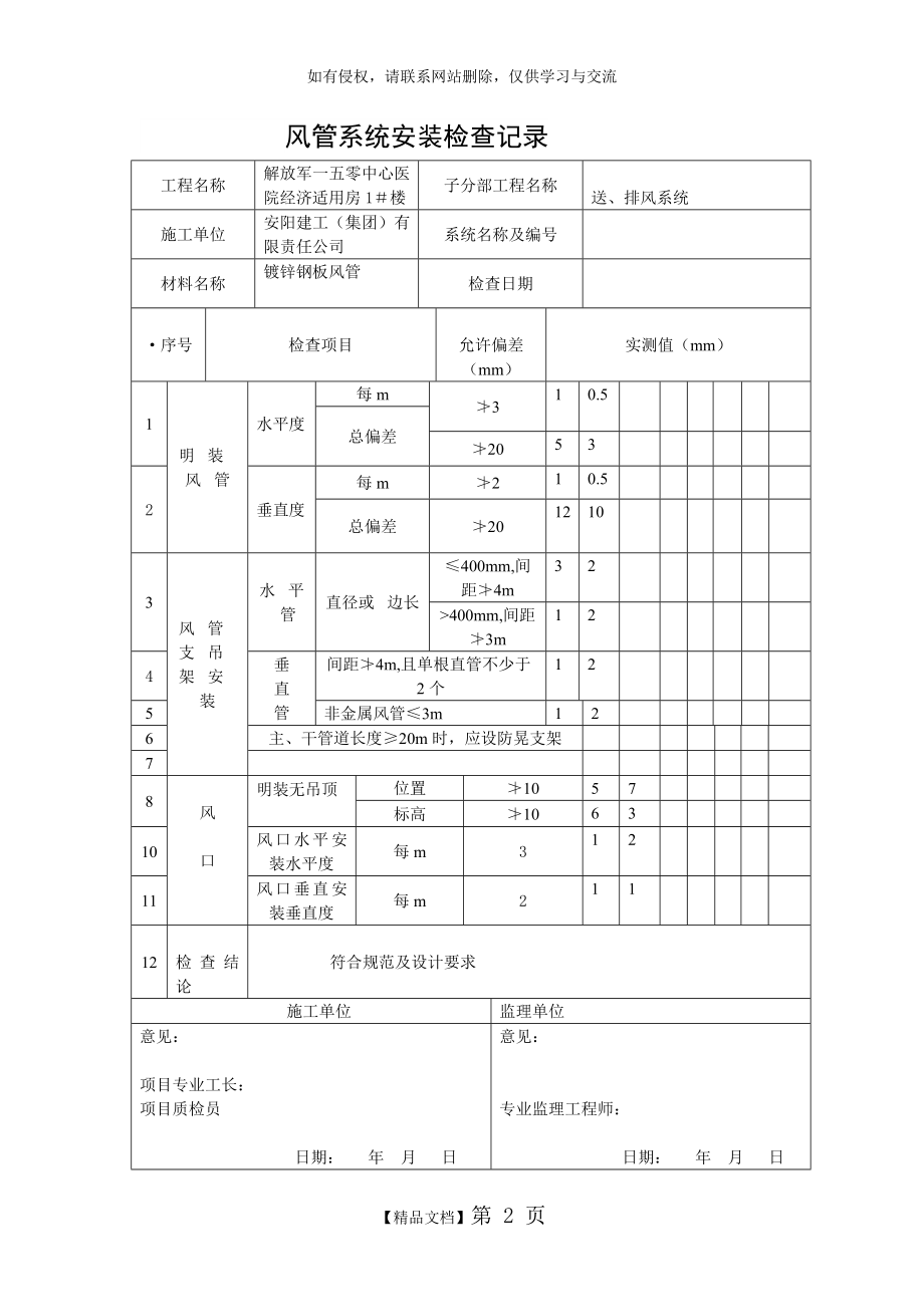 风管系统安装检查记录.doc_第2页