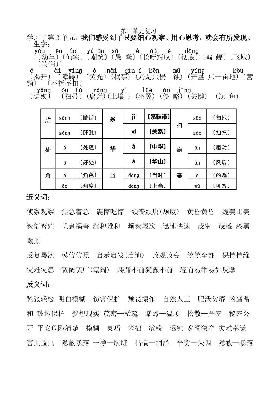 人教版四年级语文下册第三单元复习要点.docx_第1页