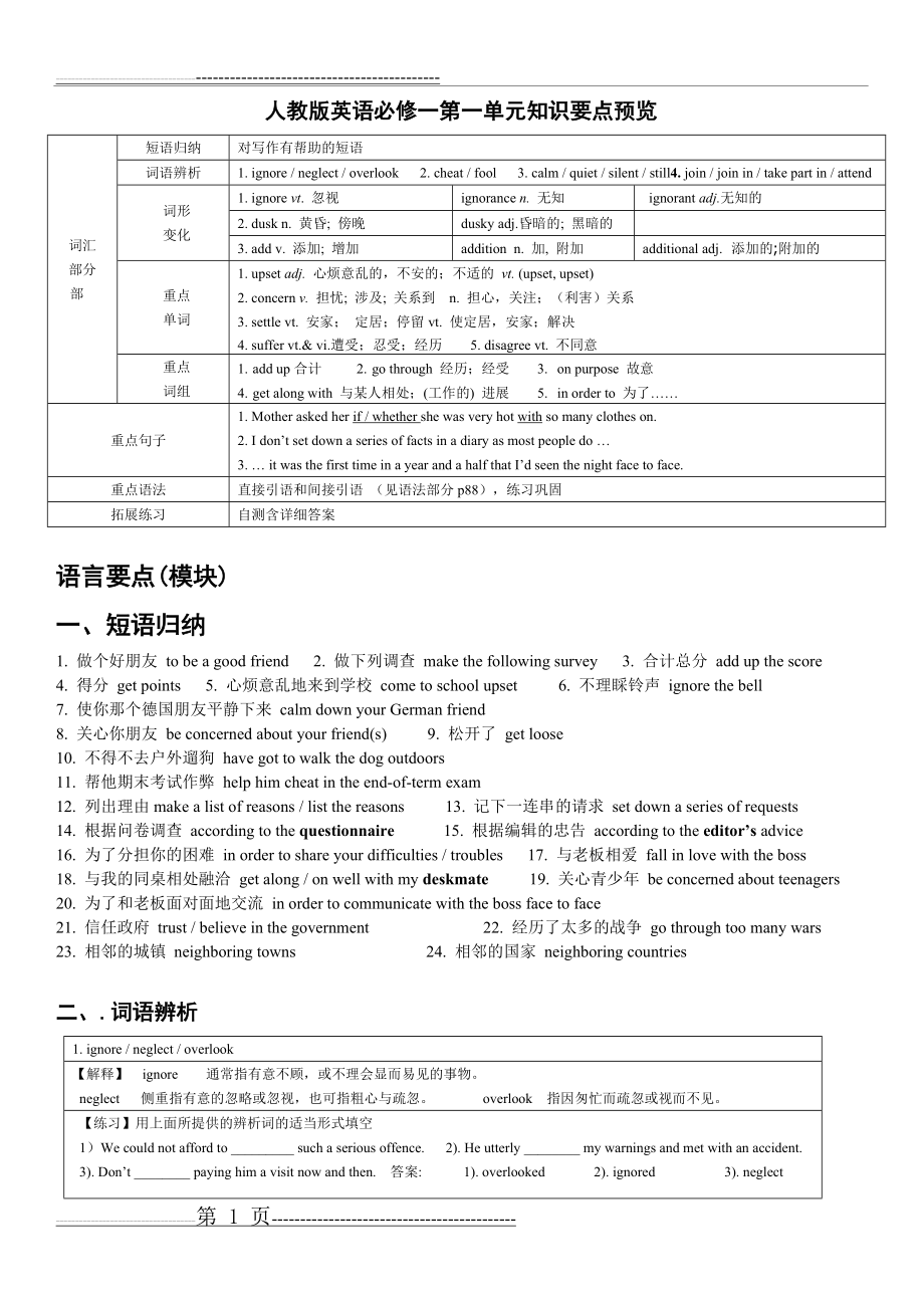 人教版英语必修一第一单元知识要点总结(5页).doc_第1页