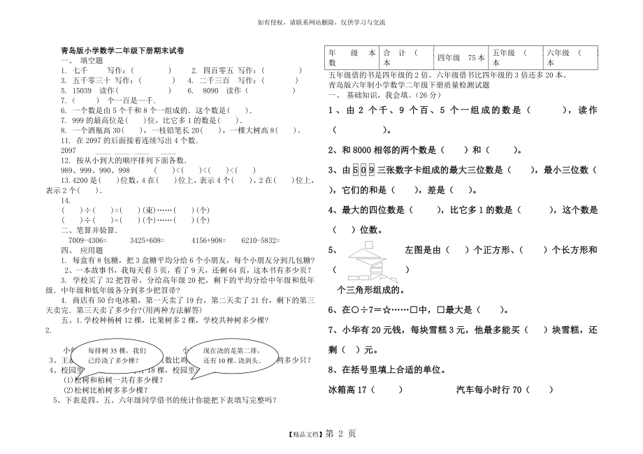 青岛版二年级数学下册-期末试卷.doc_第2页