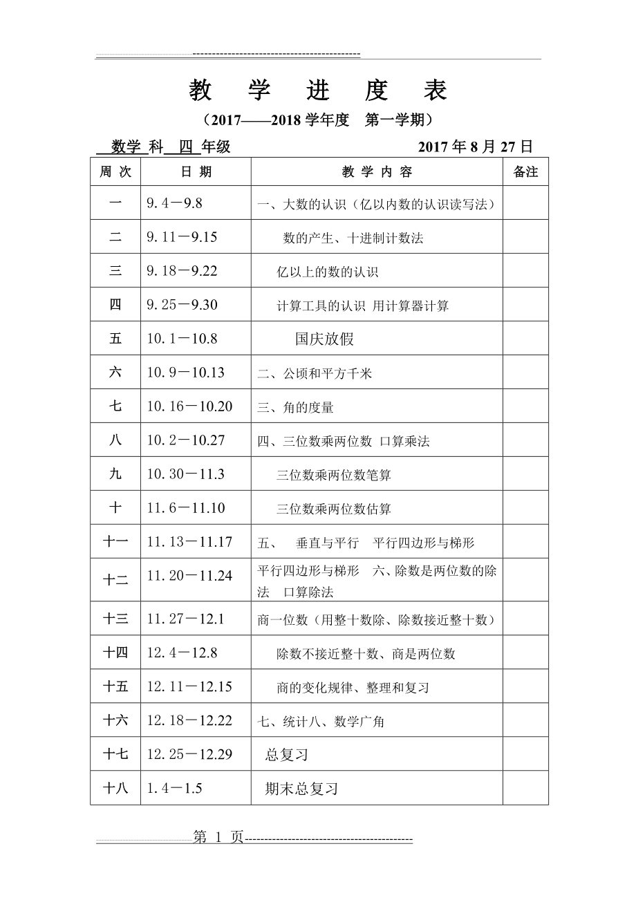 人教版数学四年级上册教学进度表(2页).doc_第1页