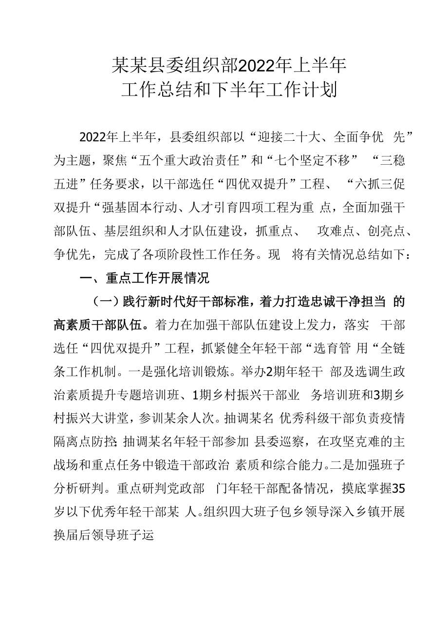 某某县委组织部2022年上半年工作总结和下半年工作计划.docx_第1页