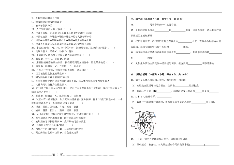 人教版七年级生物下册期末试题(有答案)(5页).doc_第2页