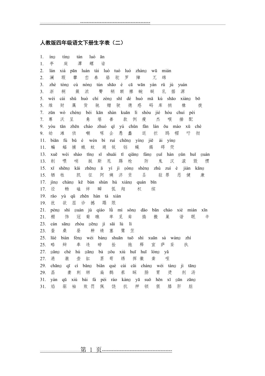 人教版四年级语文下册生字表二(带拼音)(1页).doc_第1页