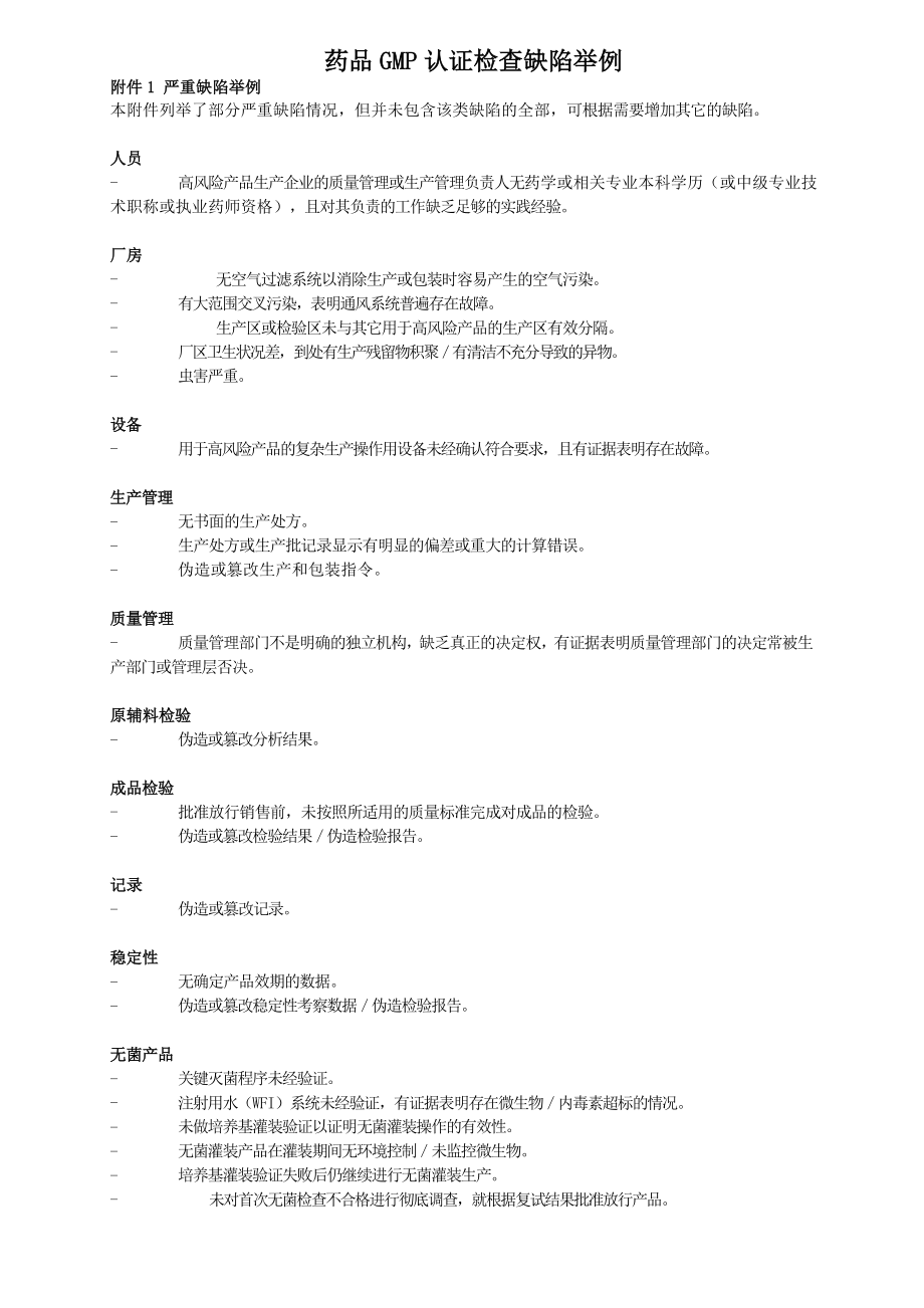 药品GMP认证检查缺陷举例(严重、主要、一般缺陷2012).doc_第1页