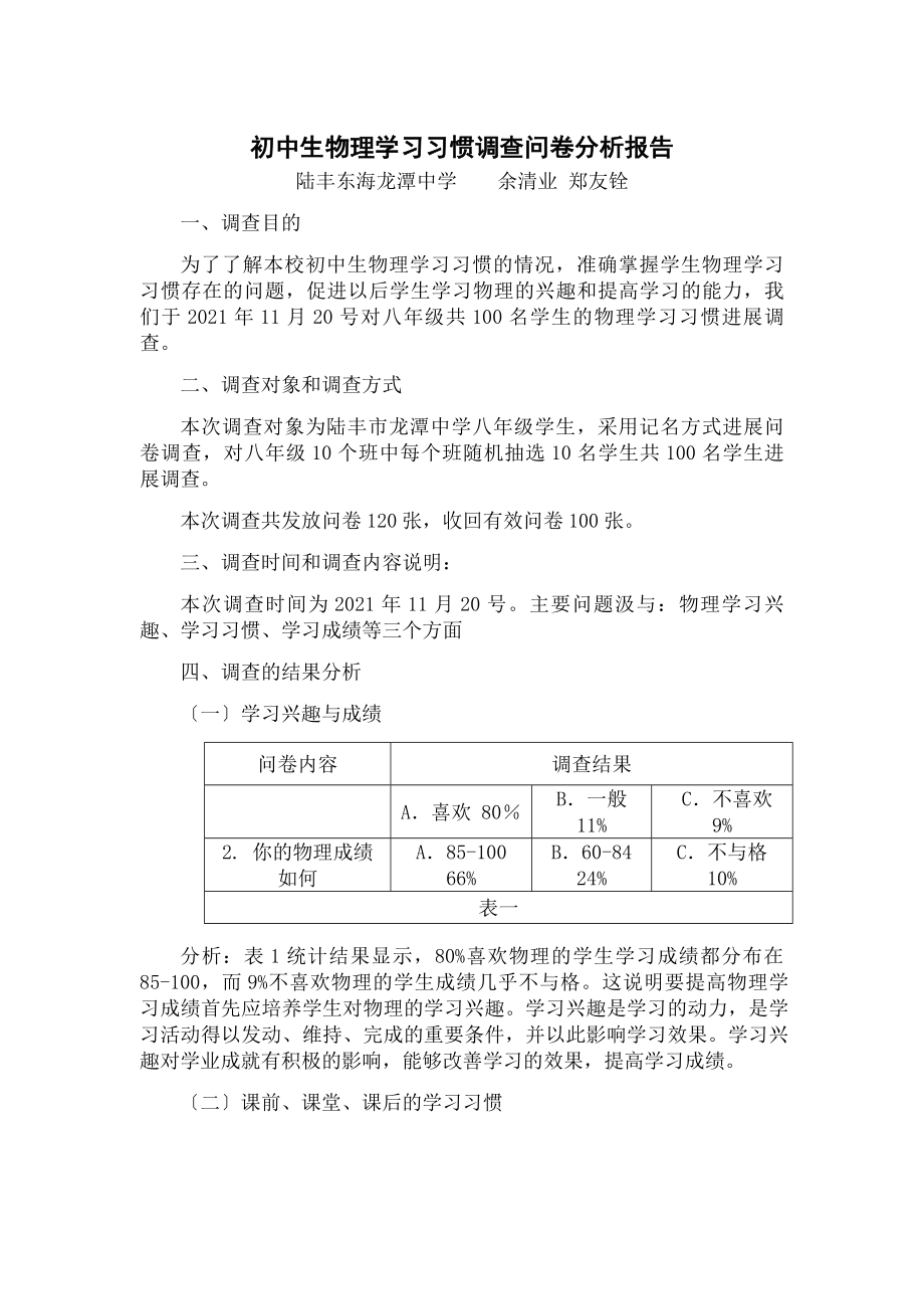 初中生物理学习习惯问卷调查结果分析.doc_第1页