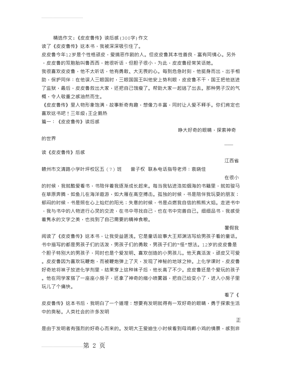 《皮皮鲁传》读后感(300字)作文(4页).doc_第2页