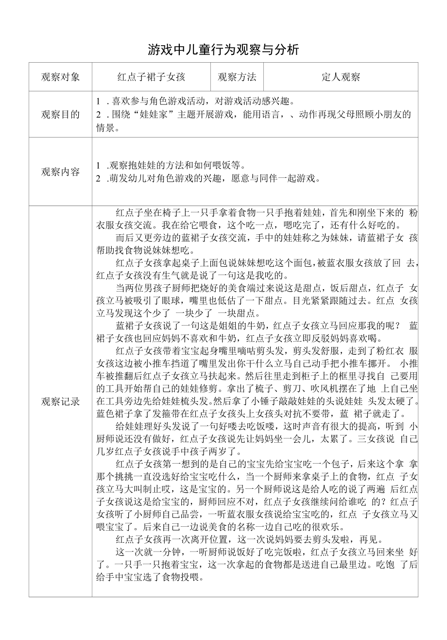 幼儿园：游戏观察与分析记录表.docx_第1页