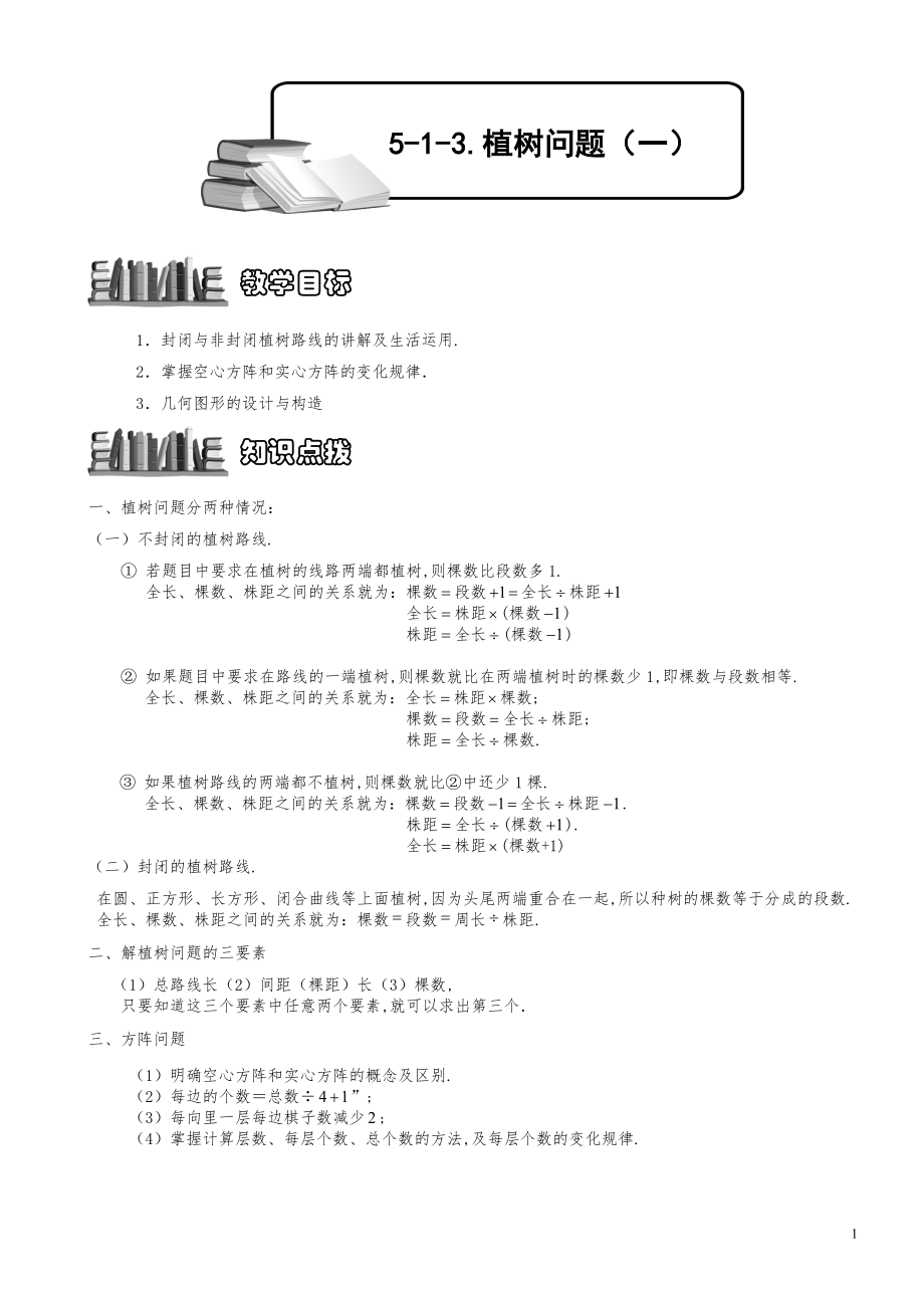 小学数学知识点例题精讲《植树问题（一）》学生版.pdf_第1页