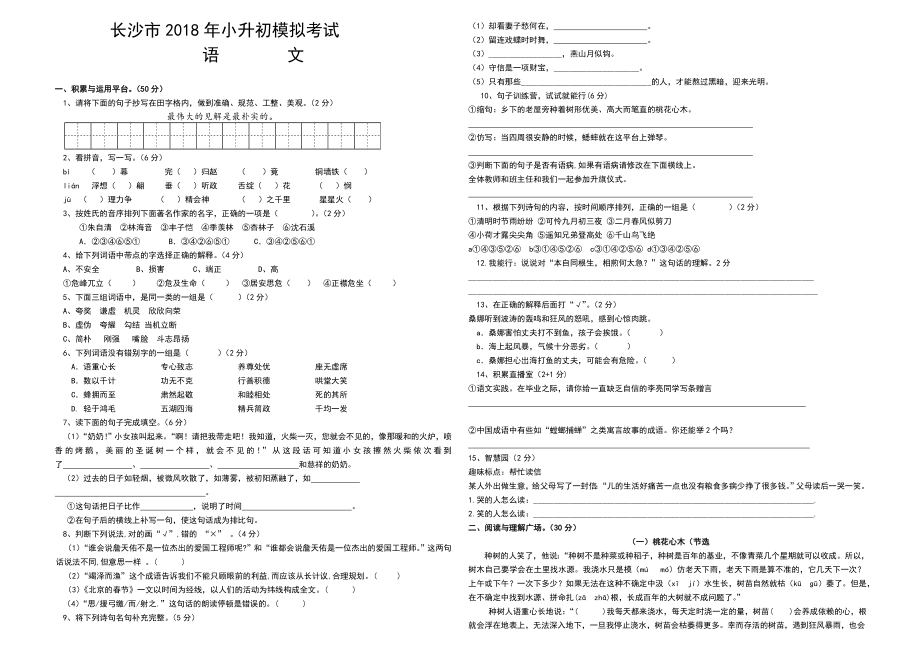 长沙市2018年小升初模拟考试语文试卷(含答案)-(3).doc_第1页