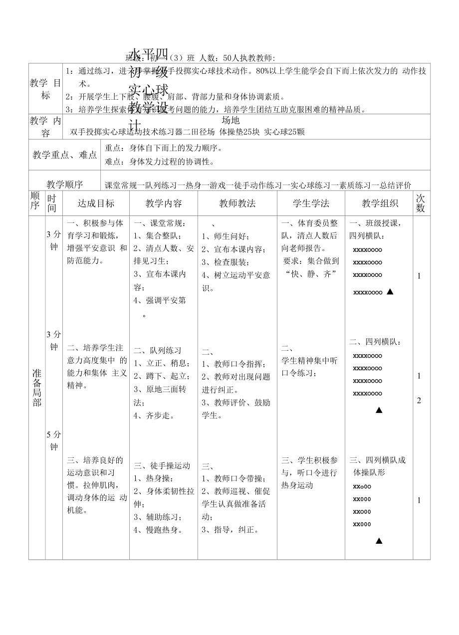 水平四（初一）体育《双手投掷实心球》教案.docx_第1页